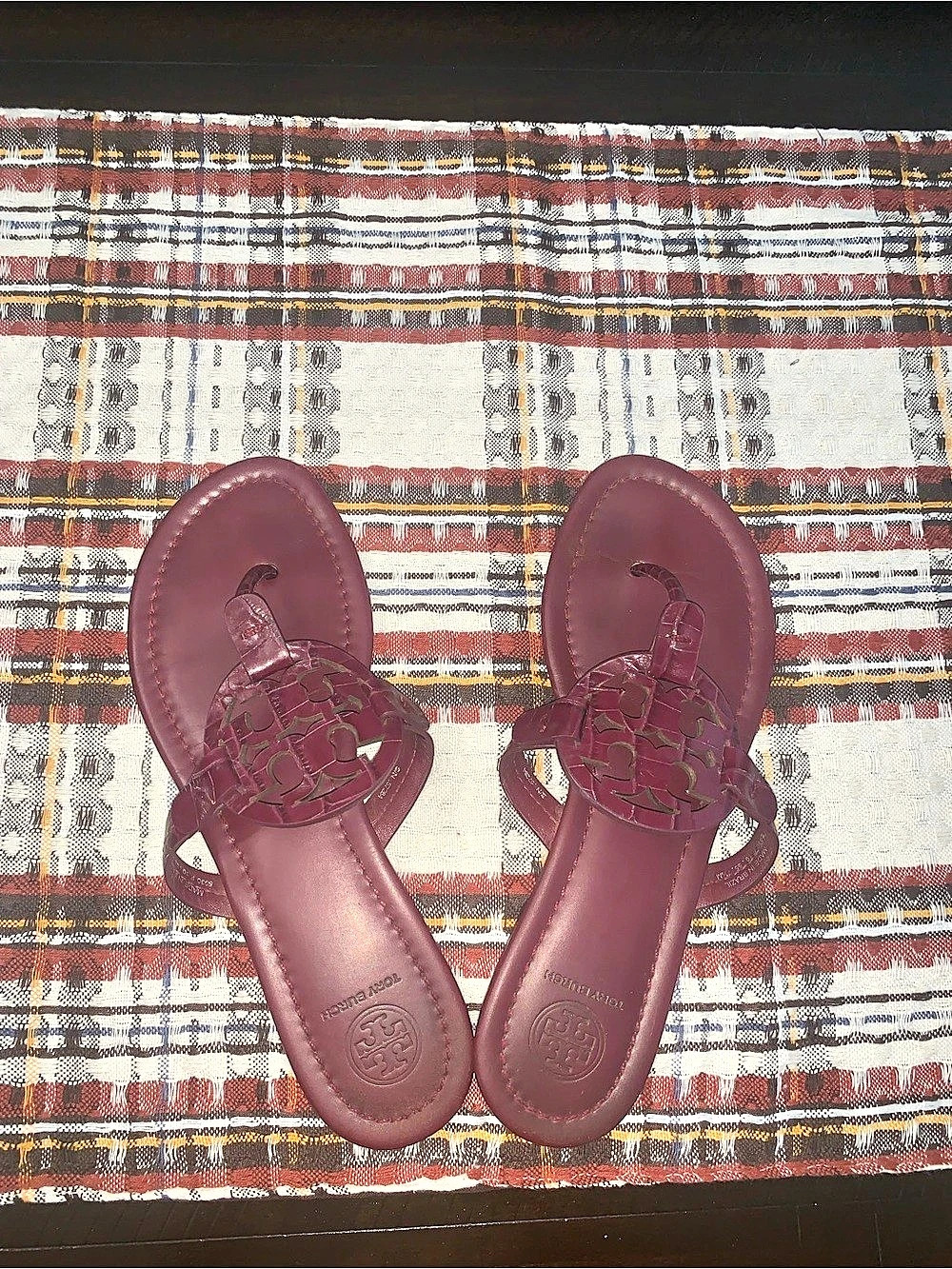 Tory Burch Miller Logo Sandals – Burgundy Croc-Embossed
